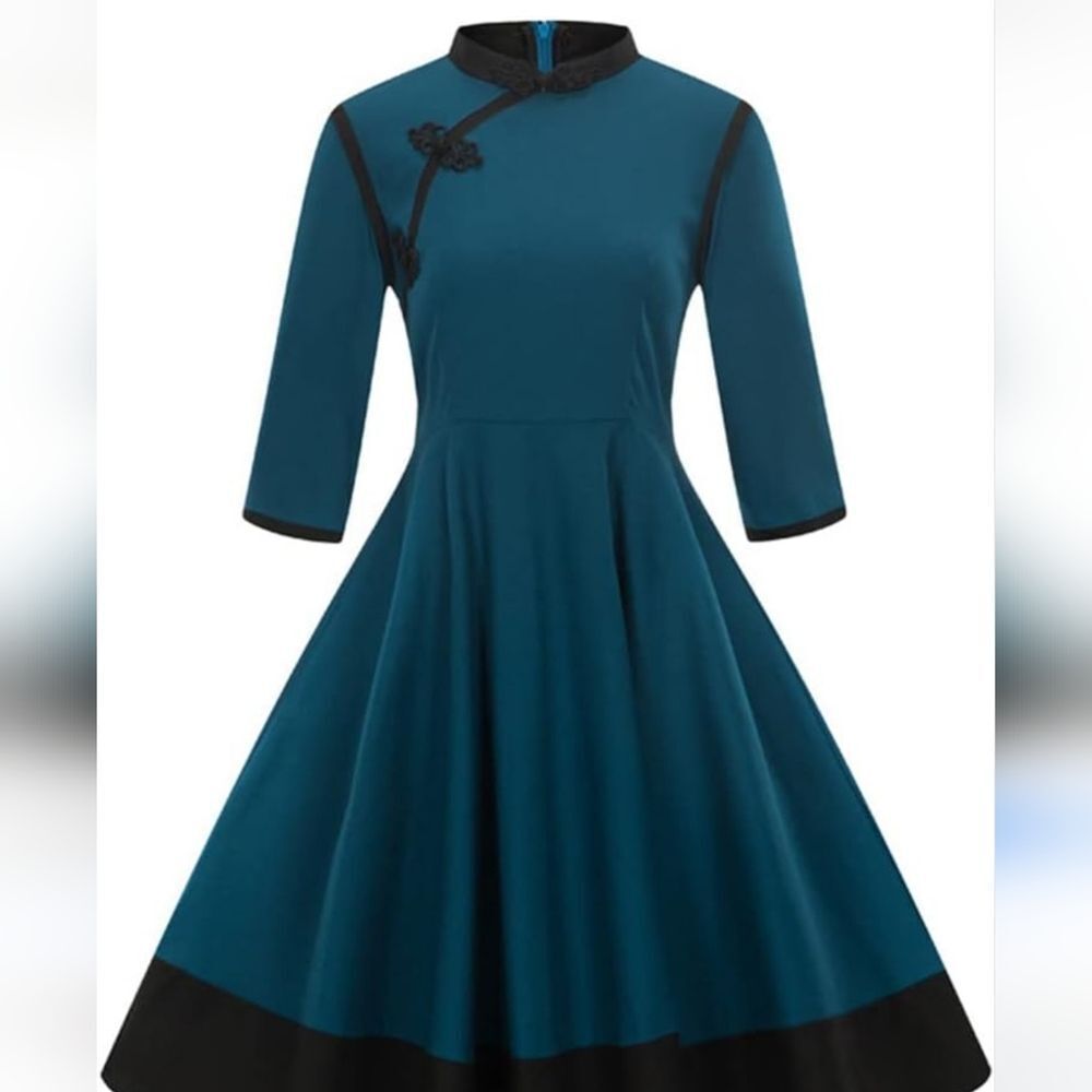 SUCREFAS Elegant Teal Retro Asian Inspired Circle Dress